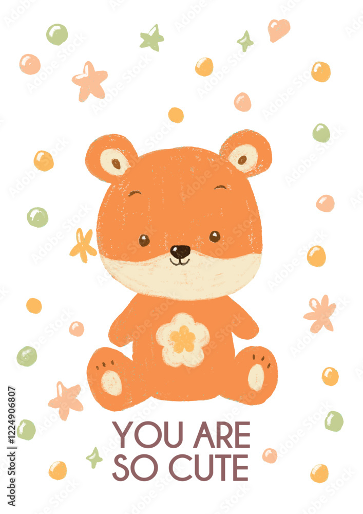 Obraz premium teddy bear with a flower. Childrens cute poster with colorful charcoal bear illustration and playful elements. Perfect for kids' decor and prints