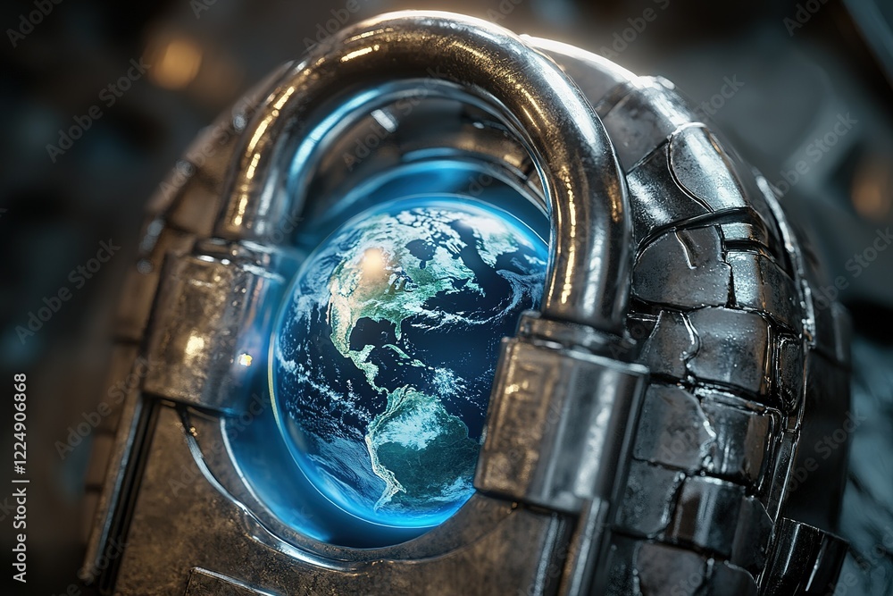 Padlock icon and earth hologram. Cyberattack and data privacy, cybersecurity with protection. Concept of safety and hi tech, mechanical technology Padlock icon and earth hologram. Cyberattack and data privacy, cybersecurity with protection. Concept of safety and hi tech, mechanical technology