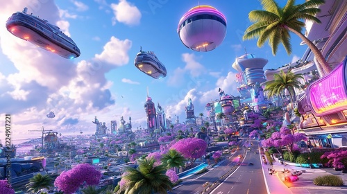 A vibrant futuristic cityscape with flying vehicles and colorful pink blossoms under a bright blue sky.