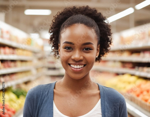 Lächelnde dunkelhäutige Amerikanerin im Supermarkt