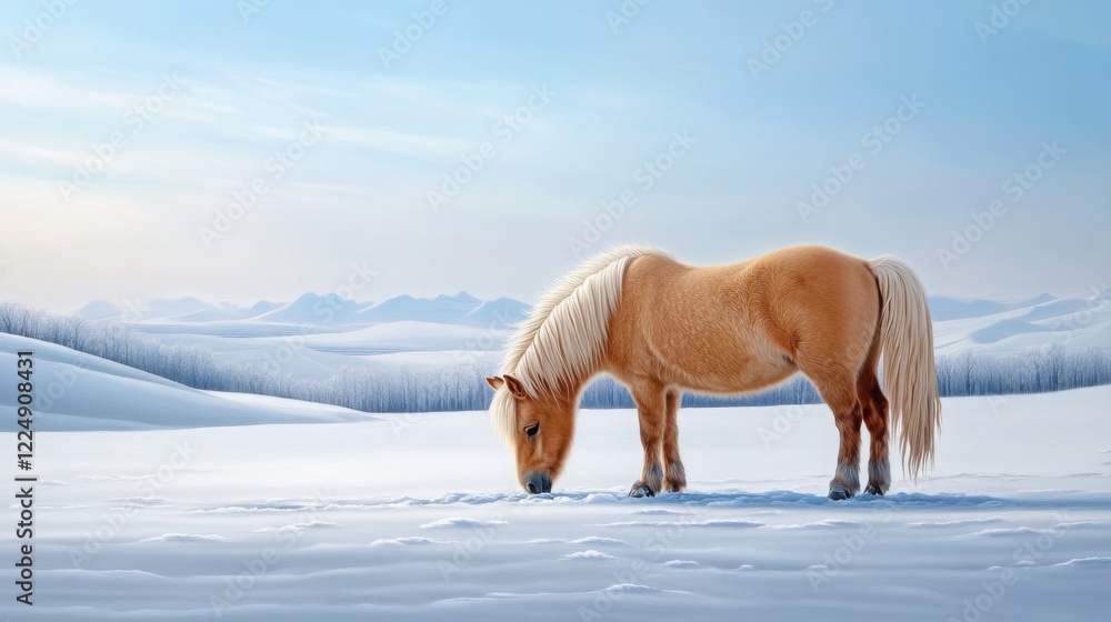 a Yakutian horse grazing in the snow, its thick fur protecting it from the extreme cold a Yakutian horse grazing in the snow, its thick fur protecting it from the extreme cold