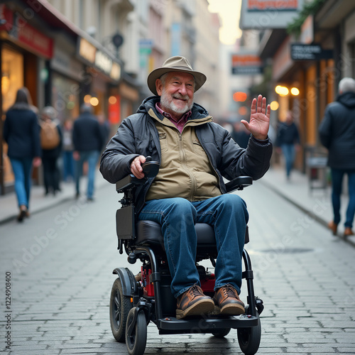 Elderly man in electric wheelchair waving on busy city street