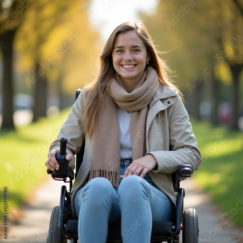 Smiling young woman in electric wheelchair enjoying sunny park day  