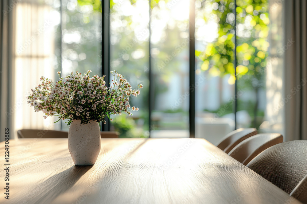 Minimalist dining area with a wooden table and natural light Minimalist dining area with a wooden table and natural light
