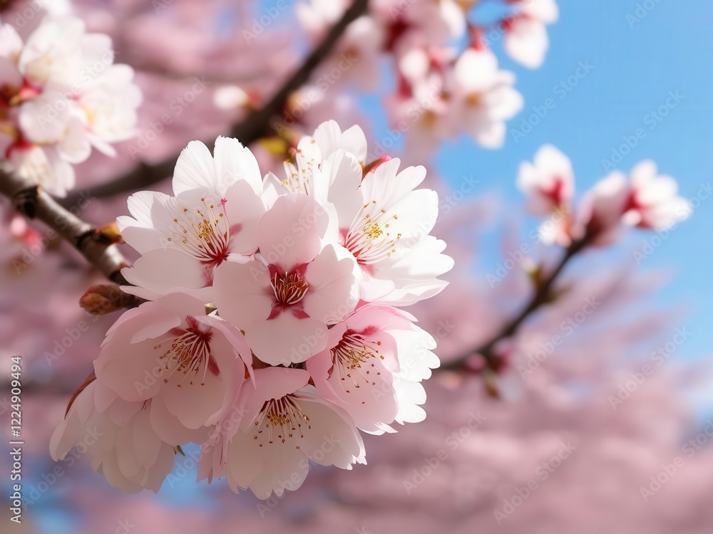 Obraz premium Cherry Blossom Delights: Close-up view of delicate, soft pink and white cherry blossoms in full bloom, their petals gleaming in the sunlight against a vibrant blue sky.
