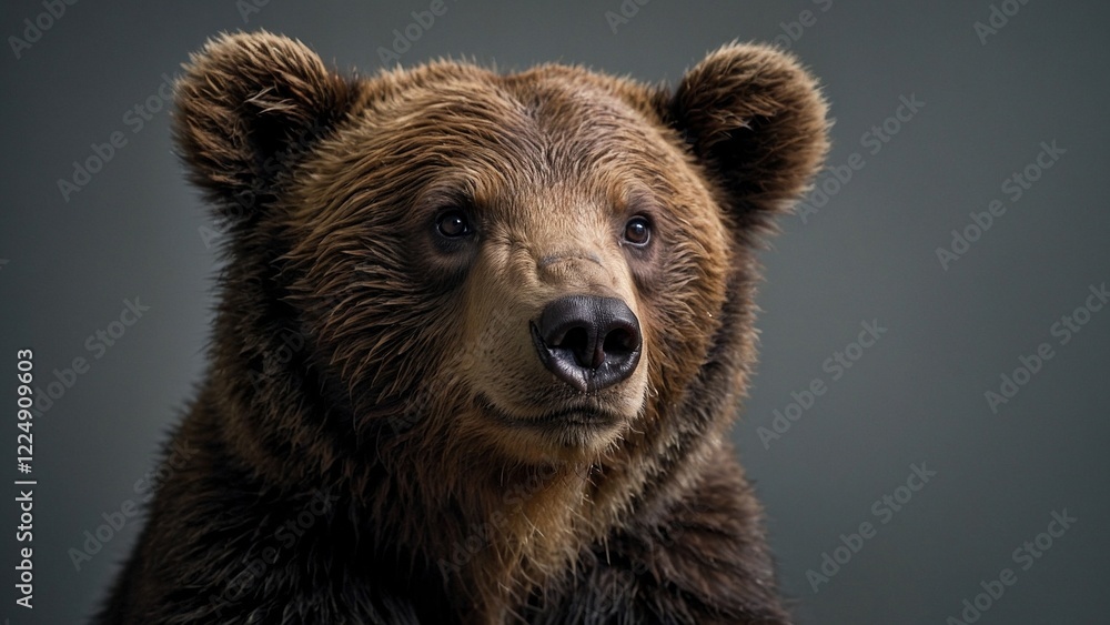 Brown bear close-up studio portrait on grey background. Bear cub Brown bear close-up studio portrait on grey background. Bear cub