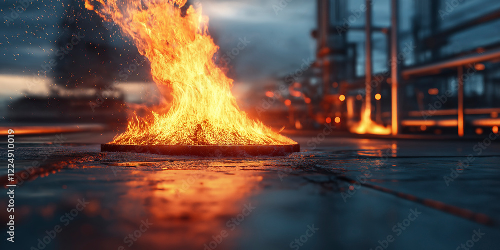 Flames erupt from a manhole in a bustling city, signaling intense energy and urban challenges. Generative AI Flames erupt from a manhole in a bustling city, signaling intense energy and urban challenges. Generative AI