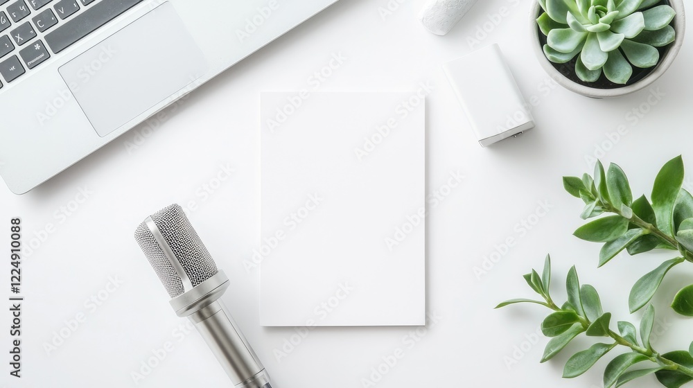 White desk workspace with microphone, laptop, plants, and notepad. Ideal for podcasting or blogging promotion
