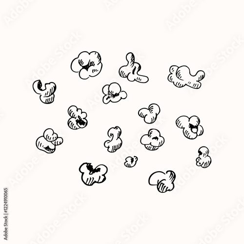Vector sketch of a pile of popcorn corn on isolated background. Hand drawn doodle with fried corn kernels for design, print, logo, sign, paper, label. Food and snack