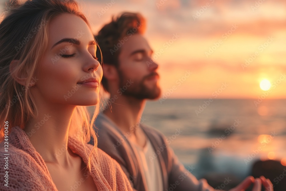 A couple meditating together on a beach at sunset, their eyes closed and expressions peaceful as waves crash softly in the background A couple meditating together on a beach at sunset, their eyes closed and expressions peaceful as waves crash softly in the background