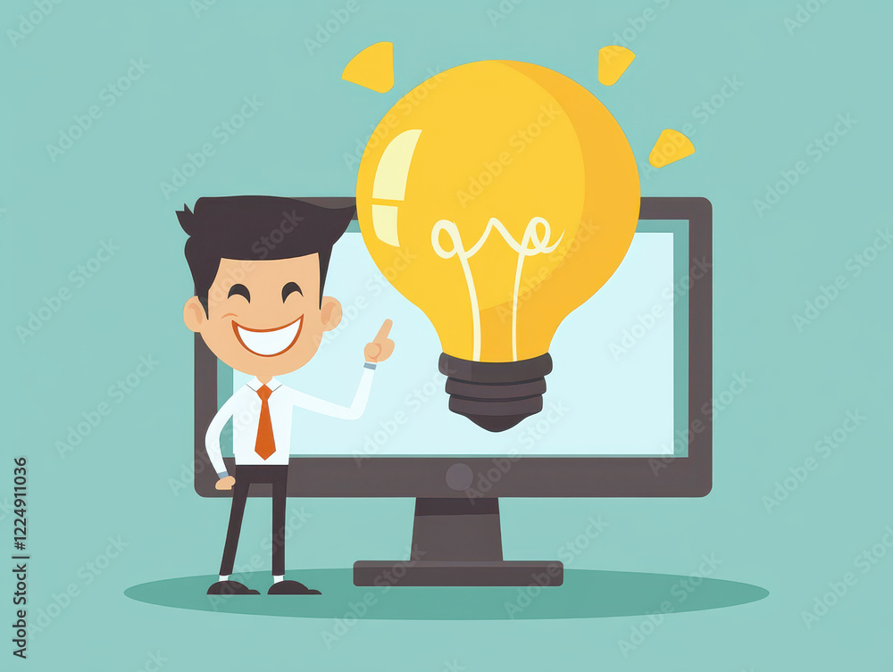 cheerful character pointing at light bulb on computer screen, symbolizing ideas and innovation. This conveys sense of creativity and inspiration in digital context cheerful character pointing at light bulb on computer screen, symbolizing ideas and innovation. This conveys sense of creativity and inspiration in digital context