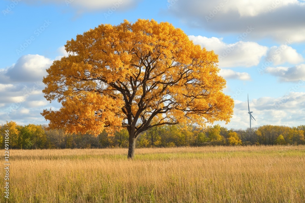 Vibrant Autumn Tree in a Golden Field Under Blue Sky with Wind Turbines in Background Vibrant Autumn Tree in a Golden Field Under Blue Sky with Wind Turbines in Background