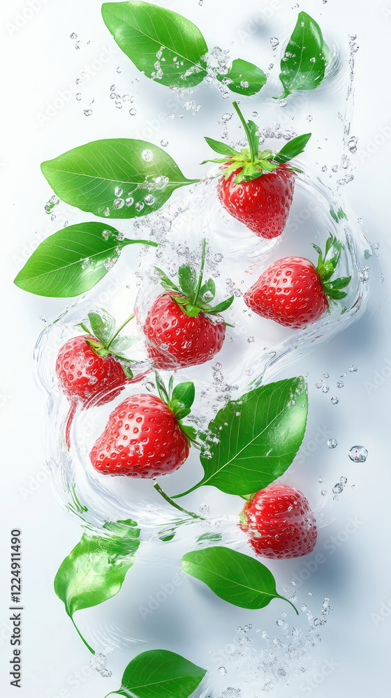 Strawberries levitates in water with splashes on white background. Strawberries levitates in water with splashes on white background.