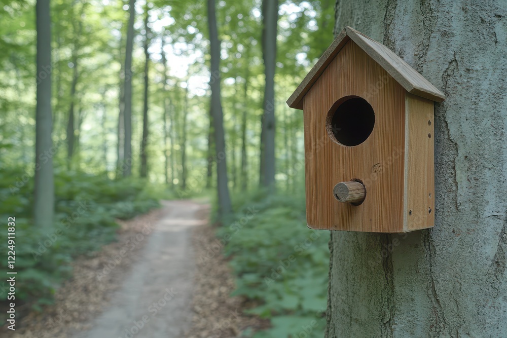 Wooden Birdhouse Hanging on Tree in Lush Green Forest with Soft Pathway in Background Wooden Birdhouse Hanging on Tree in Lush Green Forest with Soft Pathway in Background