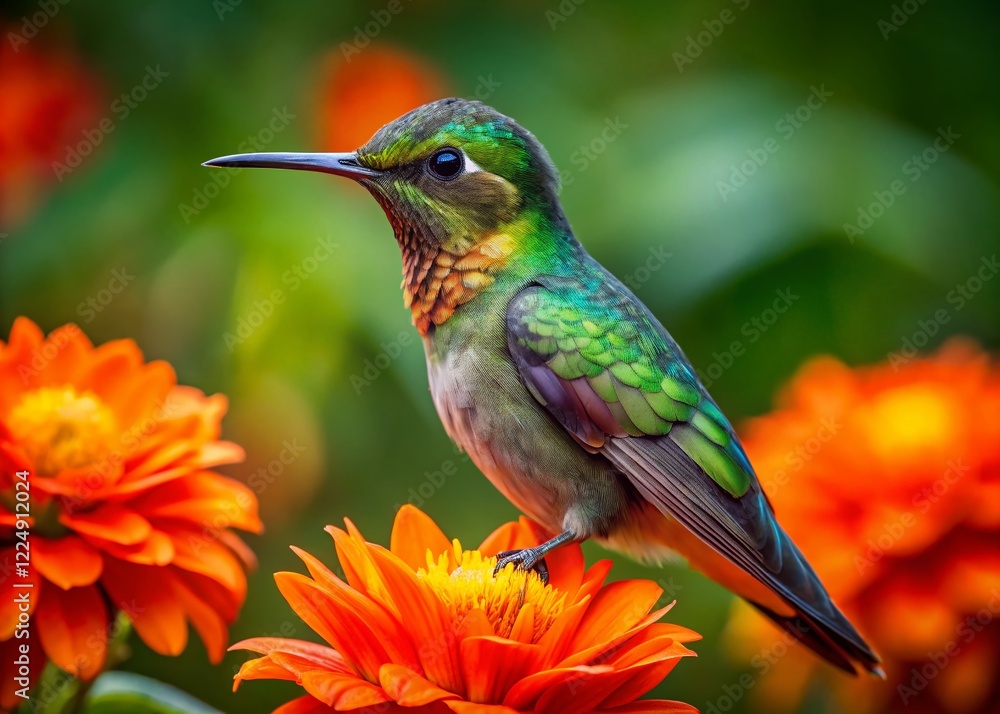 Naklejka premium Scintillant Hummingbird on Orange Flower - Vibrant Nature Stock Photo