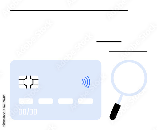 Credit card chip, wireless payment icon, and magnifying glass emphasizing data security, analysis, and verification. Ideal for fintech, cybersecurity, fraud detection, e-commerce banking privacy