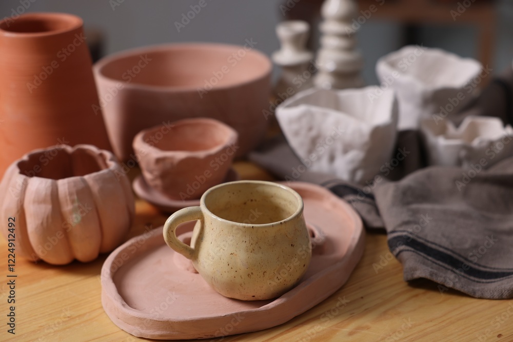 Fototapeta premium Hobby and craft. Different beautiful pottery on wooden table indoors, closeup