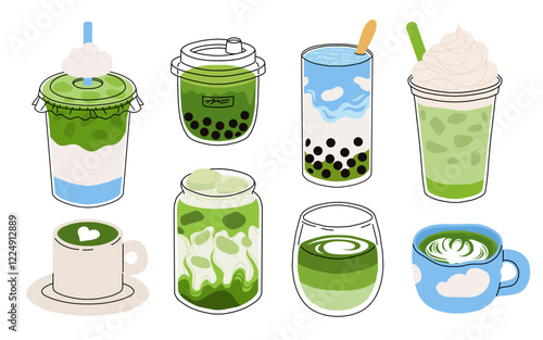 Set of Japan matcha latte. Collection of matcha drinks with latte art heart, leaf, bear, rabbit. Green iced matcha latte in various cups. Vector Illustration, flat cartoon Icons.