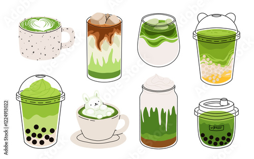 Set of Japan matcha latte. Collection of matcha drinks with latte art heart, leaf, bear, rabbit. Green iced matcha latte in various cups. Vector Illustration, flat cartoon Icons.