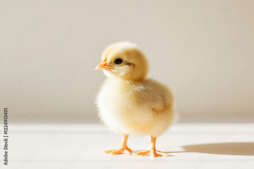 Cute fluffy chick standing on a bright surface with soft natural light illuminating its features Cute fluffy chick standing on a bright surface with soft natural light illuminating its features
