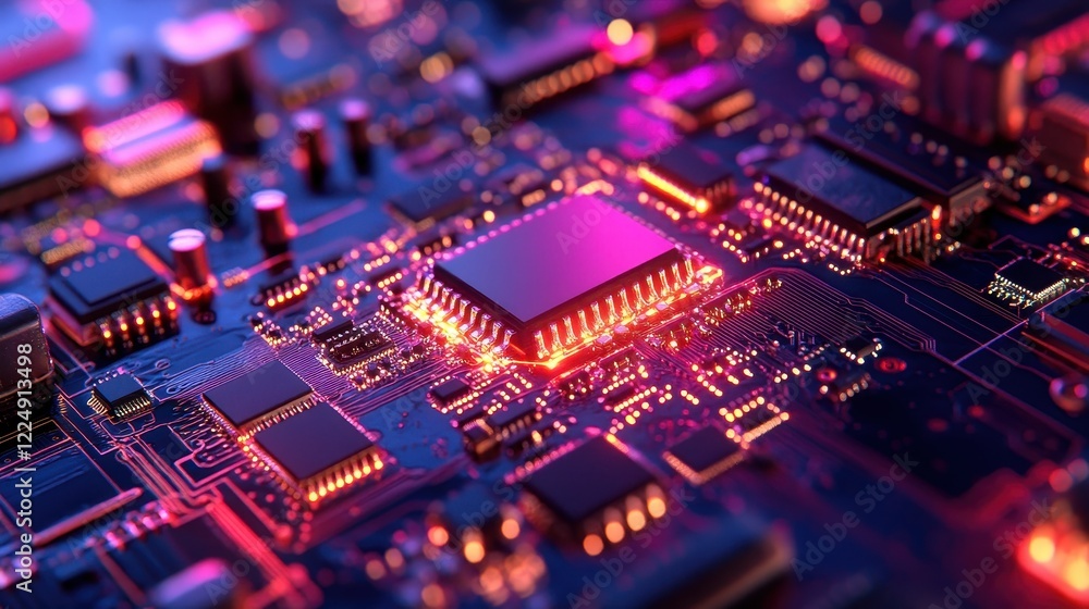 Close-up of a circuit board with glowing components. Illustrates technology, innovation, and computing power. Close-up of a circuit board with glowing components. Illustrates technology, innovation, and computing power.