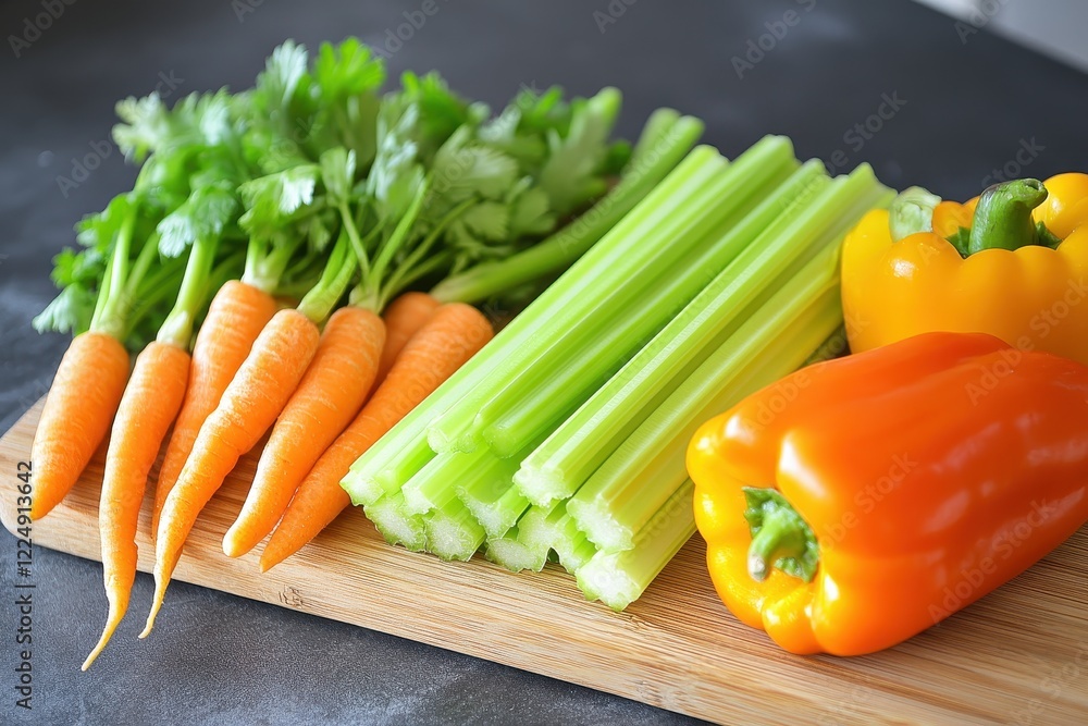 Fresh Carrots, Celery Stalks, and Colorful Bell Peppers on a Wooden Cutting Board Fresh Carrots, Celery Stalks, and Colorful Bell Peppers on a Wooden Cutting Board