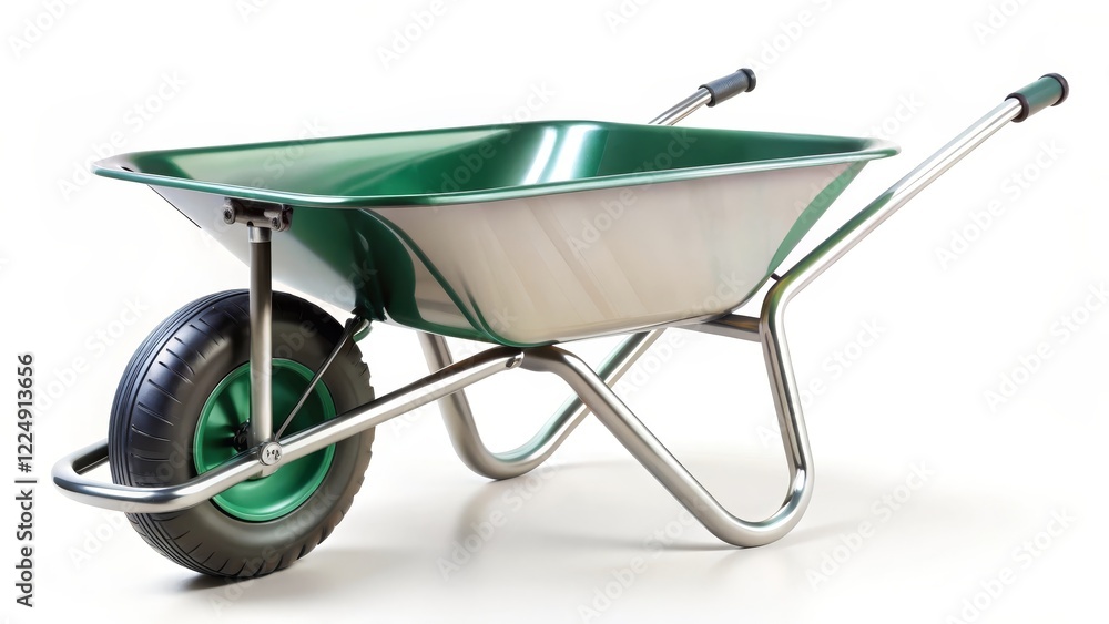 Green Metal Wheelbarrow on White Background Green Metal Wheelbarrow on White Background
