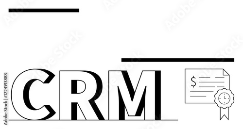 CRM displayed in bold letters next to a financial document with a certification ribbon. Ideal for business strategies, customer relations, data management, sales growth, financial stability