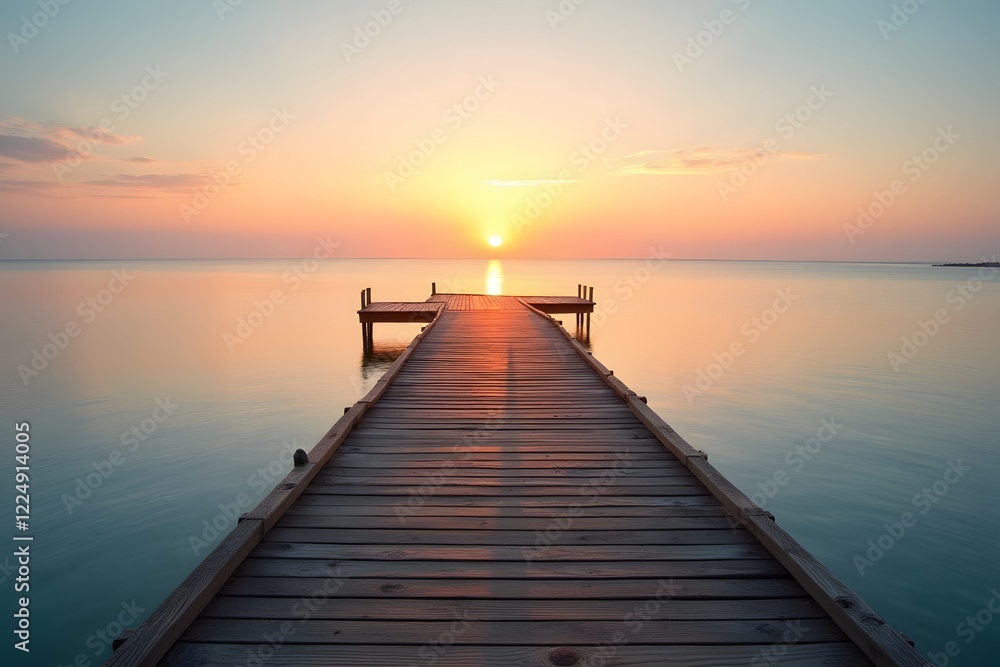 A wooden pier stretching into calm, clear waters under a glowing sunset. A wooden pier stretching into calm, clear waters under a glowing sunset.