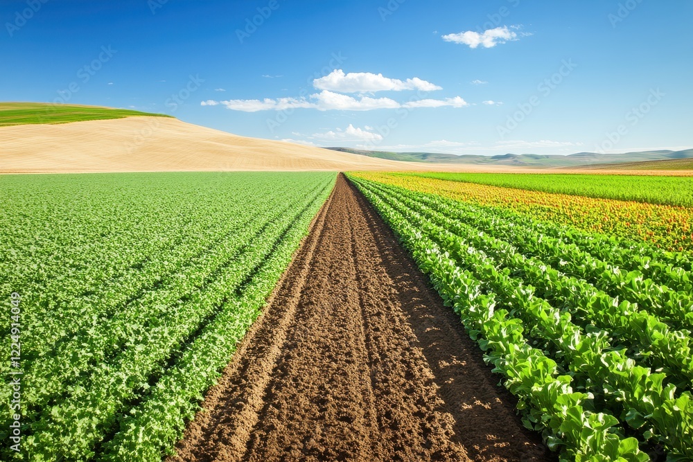 Vibrant Rows of Green and Yellow Vegetables Under a Clear Blue Sky in Rural Landscape Vibrant Rows of Green and Yellow Vegetables Under a Clear Blue Sky in Rural Landscape