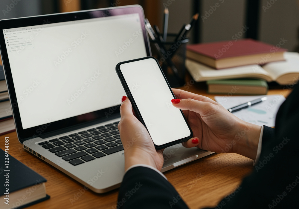 Smartphone in hand at office desk with laptop and books depicting modern technology Smartphone in hand at office desk with laptop and books depicting modern technology