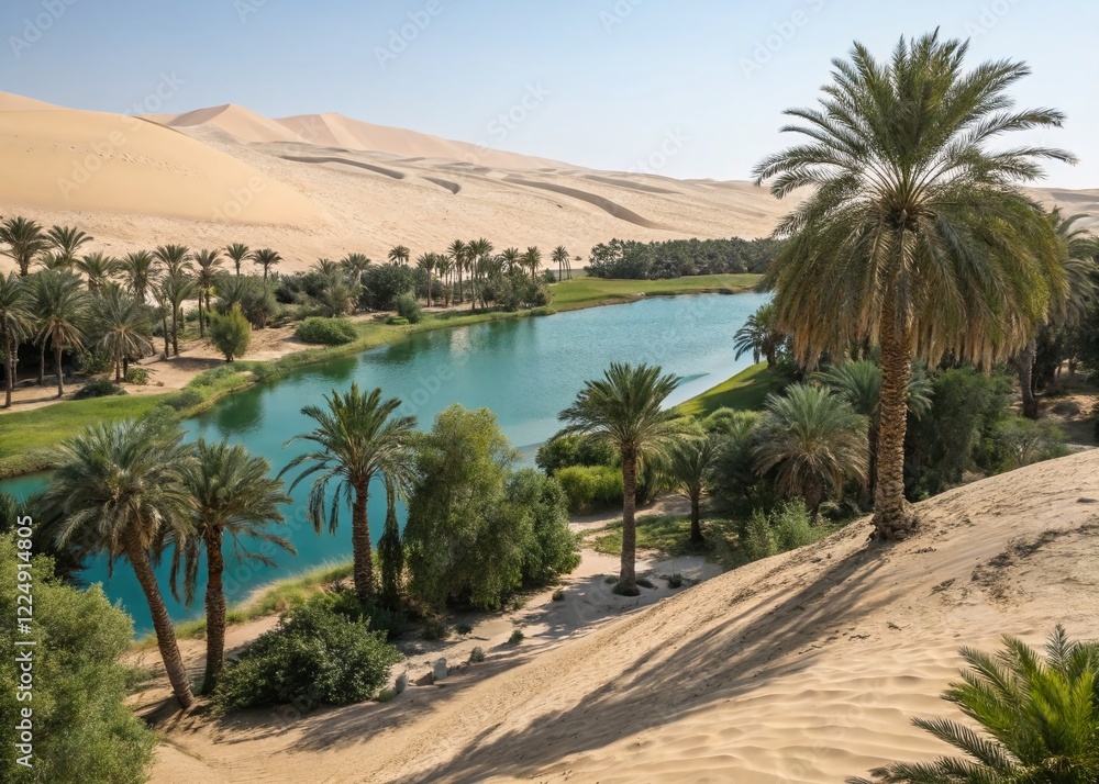 Serene Desert Oasis: Lush Green Landscape Amidst Sand Dunes Wallpaper Serene Desert Oasis: Lush Green Landscape Amidst Sand Dunes Wallpaper