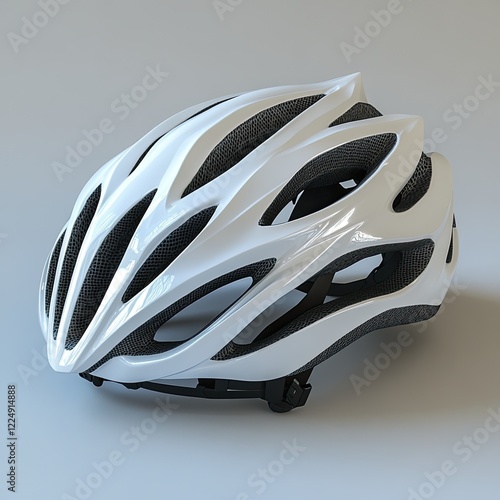 Close up of a white cycling helmet with black mesh inserts on a plain background photo