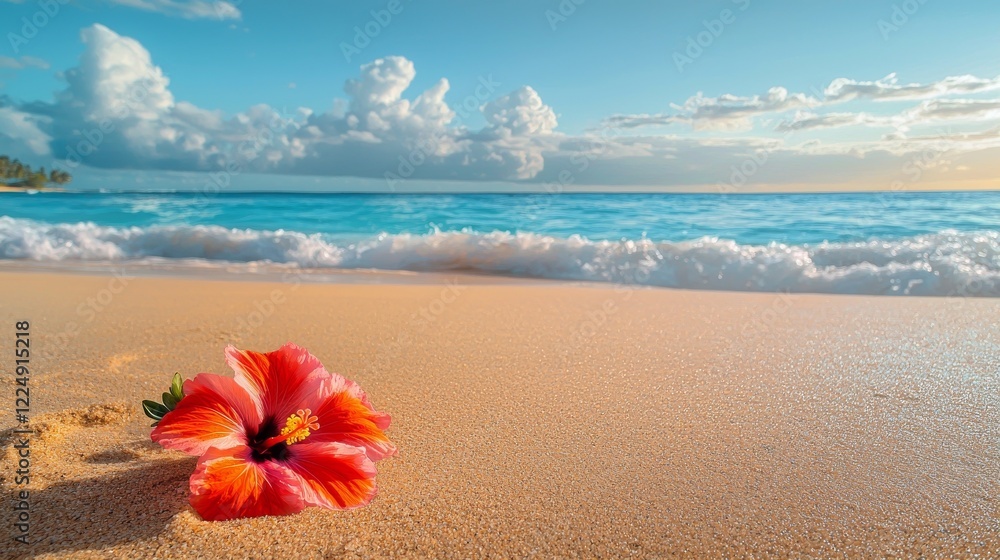 A pristine sandy beach is the setting for vibrant orange and pink hibiscus flowers, which sway gently in the ocean breeze, evoking tranquility in a tropical paradise A pristine sandy beach is the setting for vibrant orange and pink hibiscus flowers, which sway gently in the ocean breeze, evoking tranquility in a tropical paradise