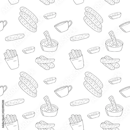 Churros seamless pattern vector illustration, hand drawn doodles