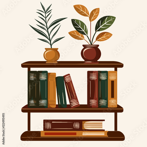 Vector bookshelf illustration with plants and books in warm colors