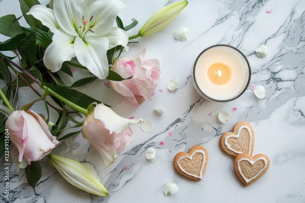 A minimalistic Valentine's Day setup featuring heart-shaped cookies, pink roses, white lilies, and a lit candle on a marble surface. MZ A minimalistic Valentine's Day setup featuring heart-shaped cookies, pink roses, white lilies, and a lit candle on a marble surface. MZ