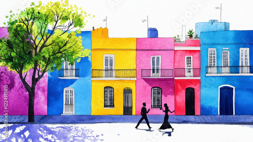 Εκτύπωση καμβά Colorful Houses and Dancing Couple - A watercolor painting depicting a row of colorful houses with a couple dancing in front, creating a vibrant and romantic scene