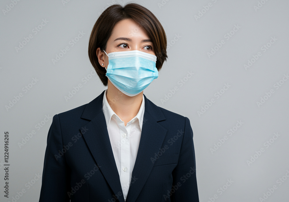 Woman wearing a mask in business attire looking confidently Woman wearing a mask in business attire looking confidently