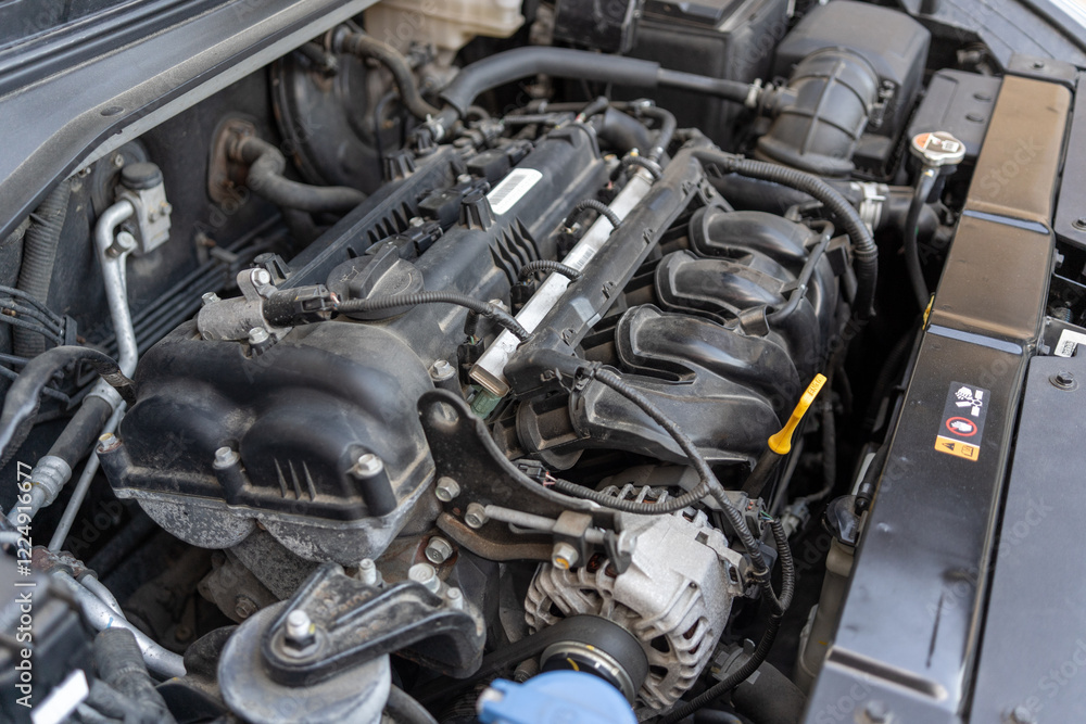 A car engine bay with various components including the intake manifold, hoses, wiring, and fluid reservoirs. The engine appears to be a modern internal combustion engine. A car engine bay with various components including the intake manifold, hoses, wiring, and fluid reservoirs. The engine appears to be a modern internal combustion engine.