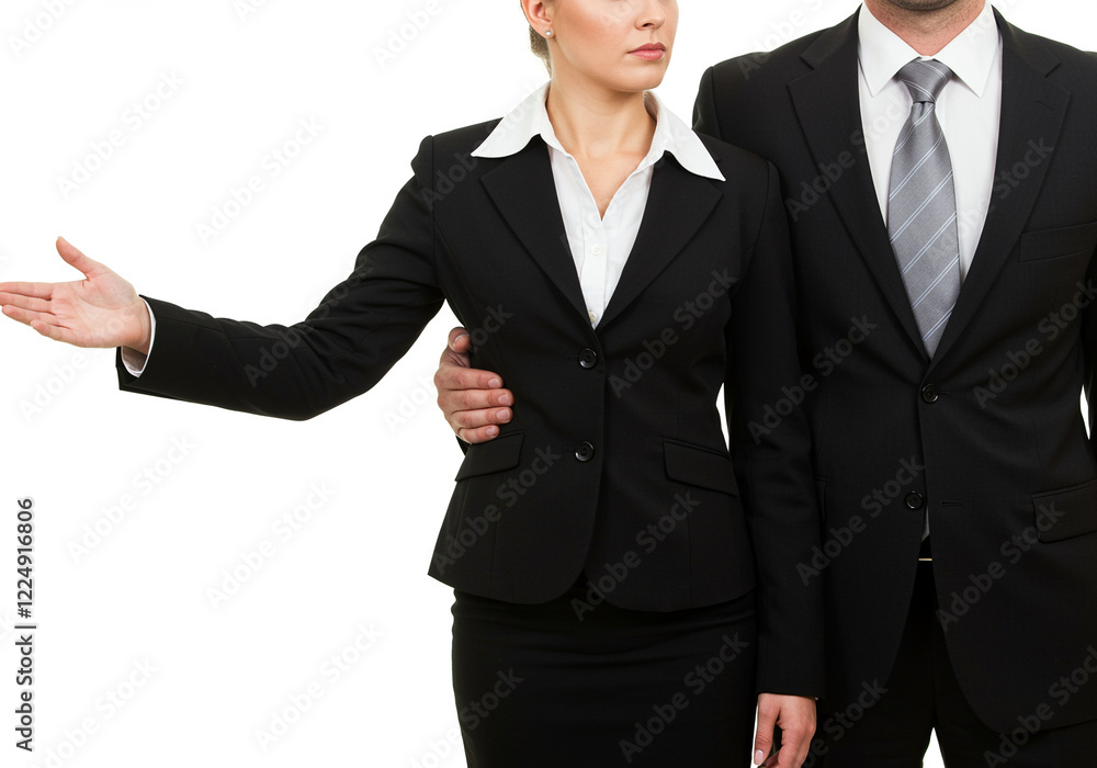 Business people giving a presentation in formal attire with confident expressions Business people giving a presentation in formal attire with confident expressions