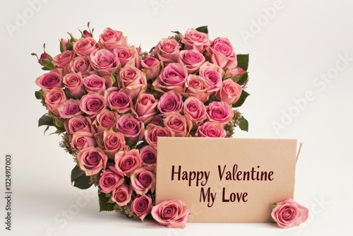 A heart shaped bouquet of pink roses with a card that reads “Happy Valentine My Love” MZ