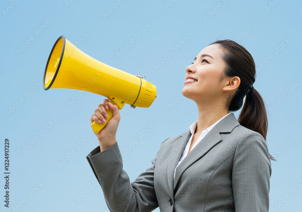 Megaphone businesswoman communicating ideas in a clear message outdoors Megaphone businesswoman communicating ideas in a clear message outdoors