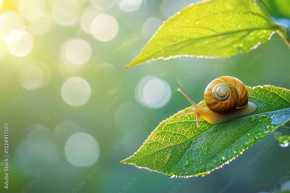 Snail Crawling on Dewy Green Leaf with Soft Bokeh Background in a Lush Natural Environment Snail Crawling on Dewy Green Leaf with Soft Bokeh Background in a Lush Natural Environment