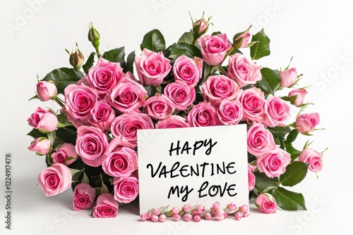 A heart shaped bouquet of pink roses with a card that reads “Happy Valentine My Love” MZ