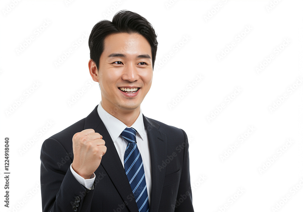 Man celebrating business success with victory gesture in formal attire Man celebrating business success with victory gesture in formal attire