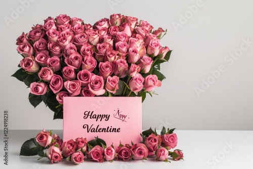 A heart shaped bouquet of pink roses with a card that reads “Happy Valentine My Love” MZ