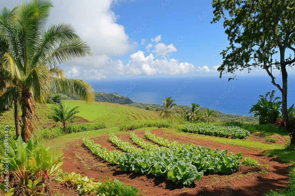 Lush Green Vegetable Field Overlooking Ocean and Scenic Landscape Under Bright Blue Sky Lush Green Vegetable Field Overlooking Ocean and Scenic Landscape Under Bright Blue Sky