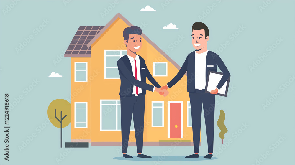 Fototapeta premium Two men shaking hands in front of house, real estate.
