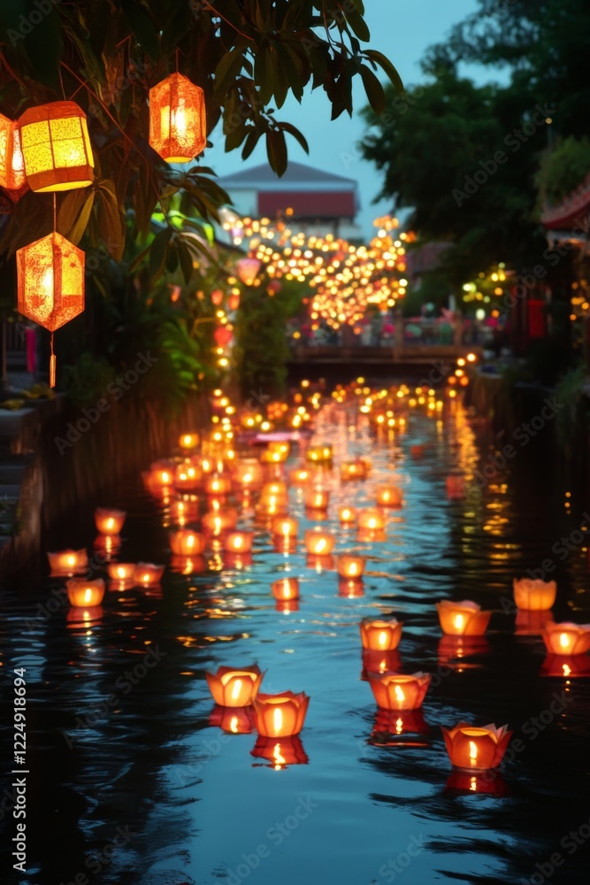 Serene River with Floating Lanterns Serene River with Floating Lanterns